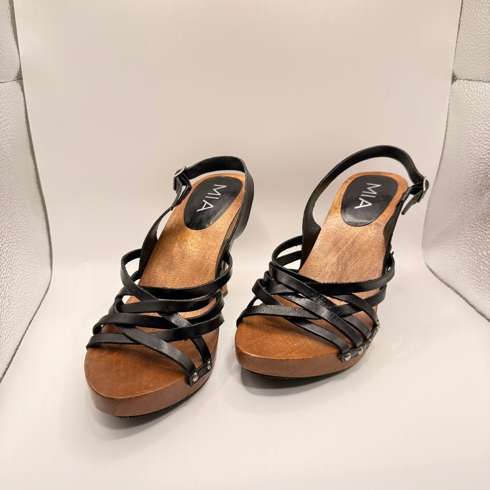 MIA Black Leather Strappy Wooden Platform Sandals Made in Brazil Studded Heels 9
